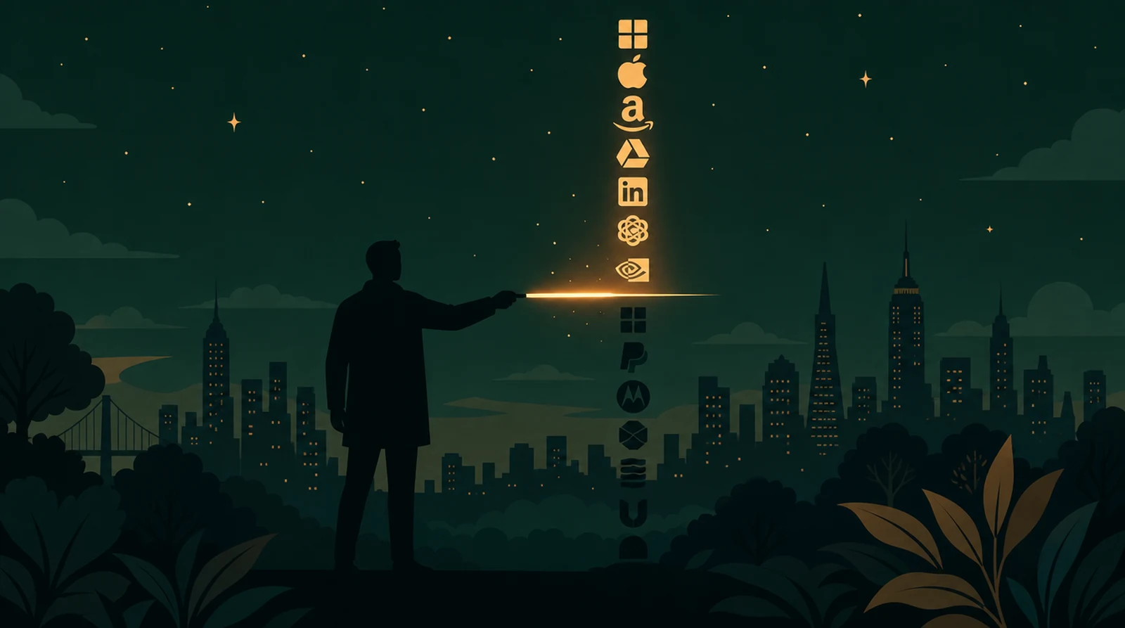 Flat editorial night illustration: A faceless figure draws a horizontal cut line across a tall ranked column of small company markers, the markers above the line lit amber, those below dark, night skyline behind.