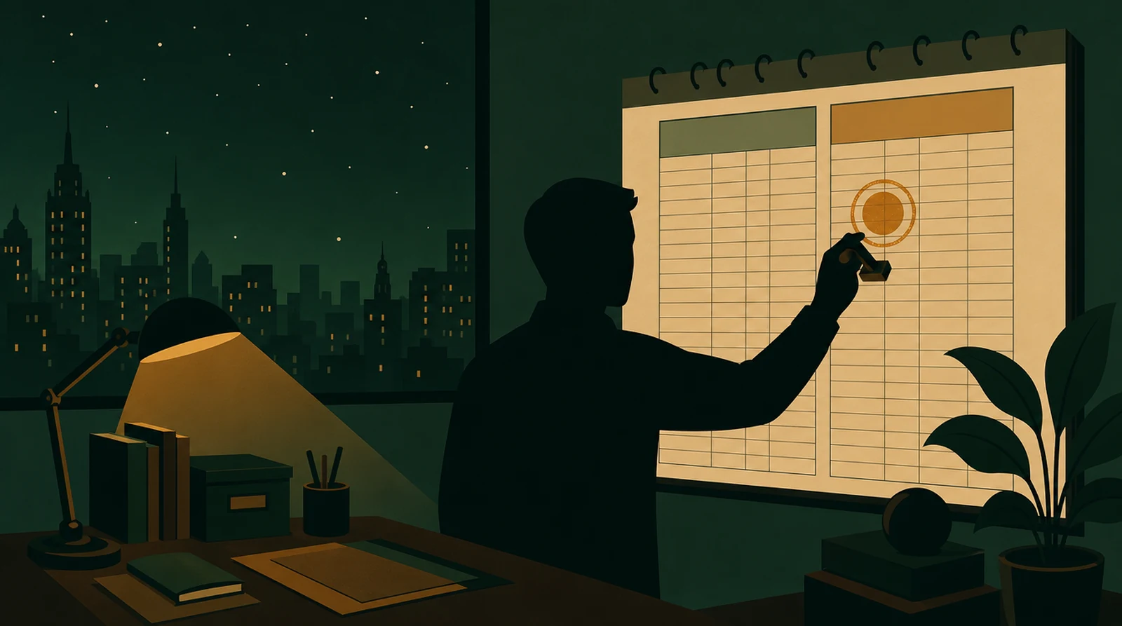 Flat editorial night illustration: A faceless figure marks two consecutive years on a tall wall calendar ledger, the second year carrying an amber stamp, night office with a green city horizon.