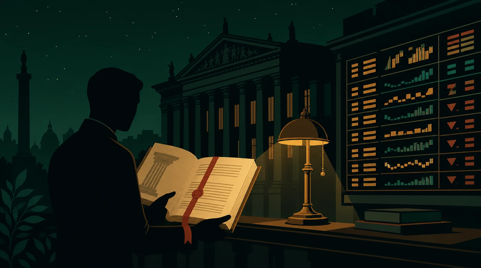 Flat editorial night illustration: A faceless figure holds a bound statute open at a marked clause beside a glowing exchange ticker board, amber reading lamp, colonnaded facade in silhouette behind.