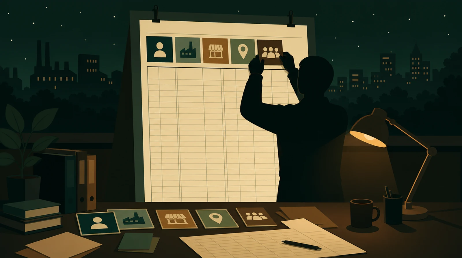 Flat editorial night illustration: A faceless figure fills in the top band of a very tall ledger sheet pinned to a board, placing small icon cards for identity, products, sites and workforce into that band. Amber desk lamp, night.