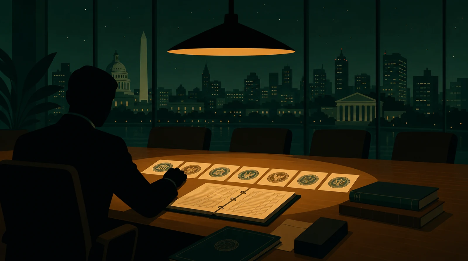 Flat editorial night illustration: A faceless figure at a long boardroom table checks nine policy seals in a row against a governance ledger, an amber pendant lamp above, tall windows onto a green night city.
