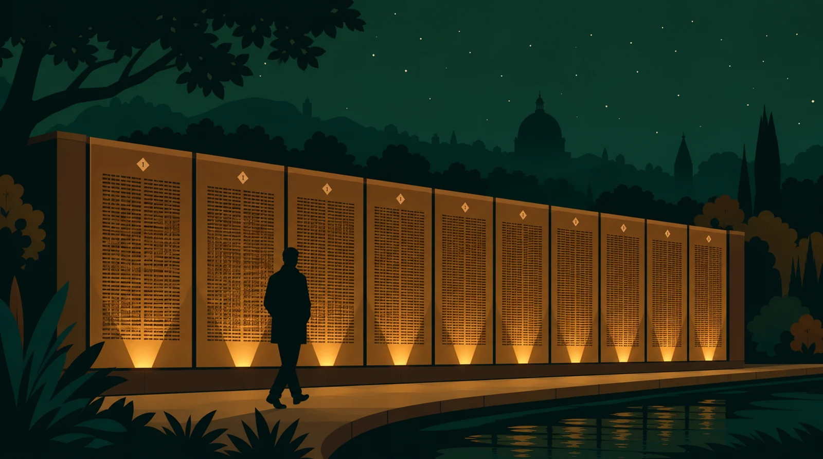 Flat editorial night illustration: A faceless figure walks along a long ledger wall divided into nine numbered vertical panels, each dense with rows of small figures, amber uplights at the base of each panel.