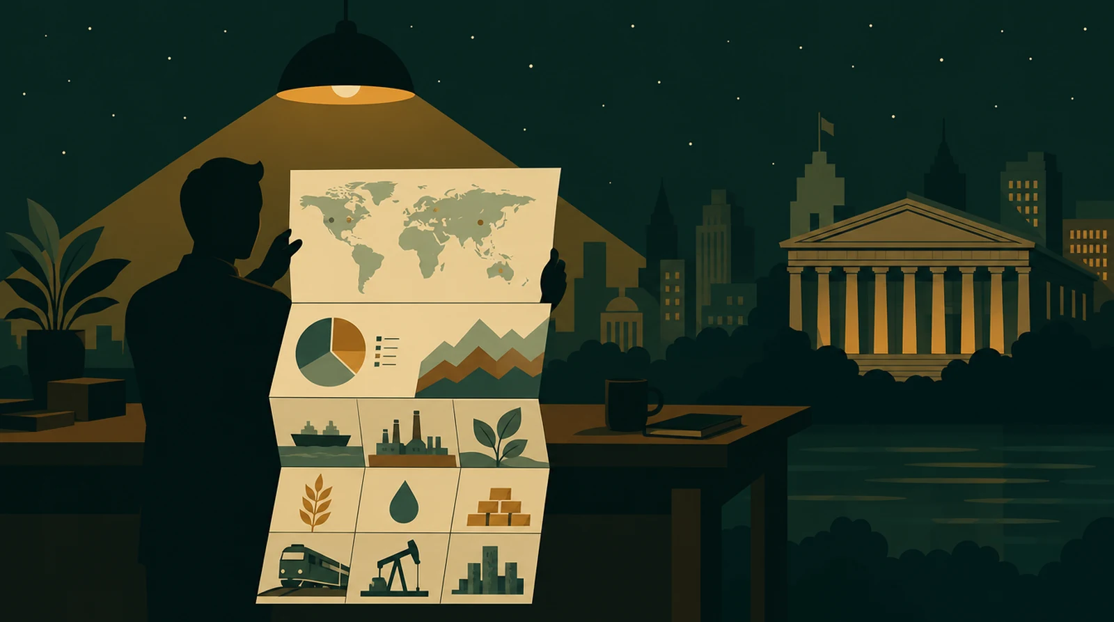 Flat editorial night illustration: A faceless silhouetted figure at a tall wooden desk lifts a long folded report that separates into three stacked horizontal bands, the lowest subdivided into nine small panels. Pendant lamp.