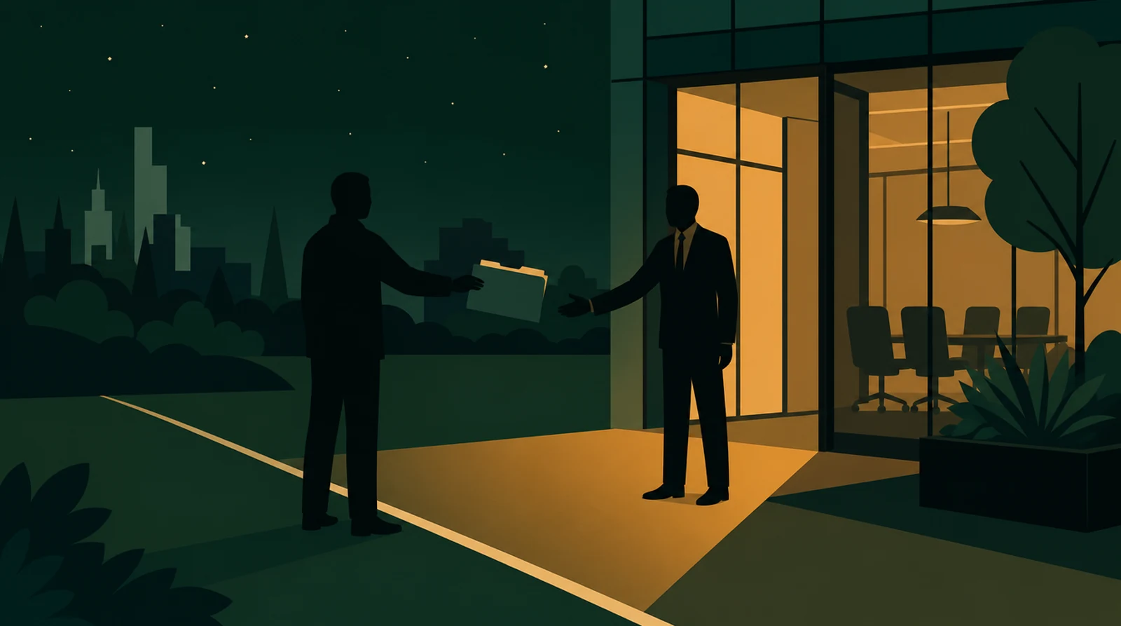 Flat editorial night illustration: A faceless figure standing outside a drawn boundary line passes a data folder inward to a listed entity building, amber light spilling across the boundary, green night field.