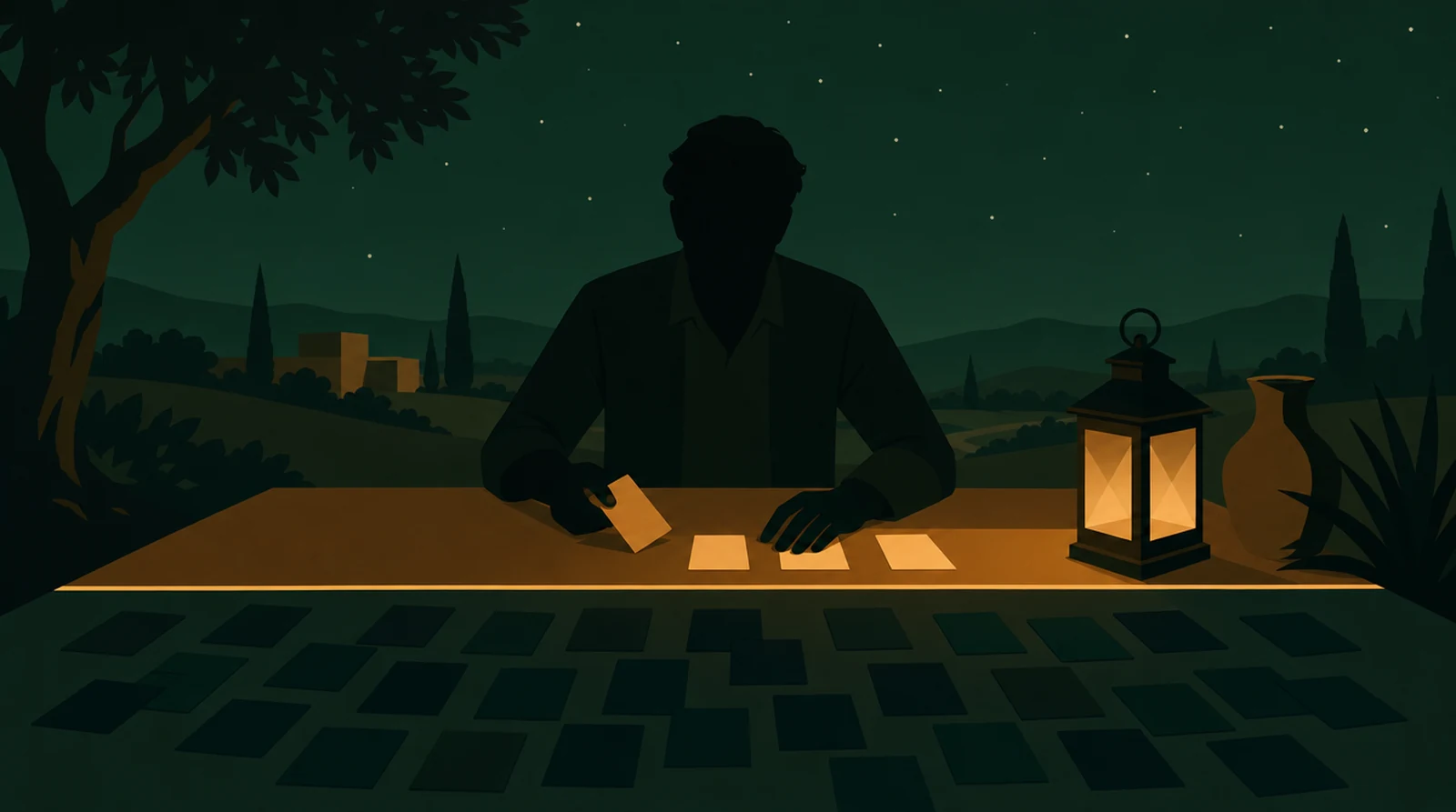 Flat editorial night illustration: A faceless figure sorts supplier cards across a threshold line drawn on a long table, only a few cards sitting above the line and lit amber, the many below left dark, green night field.