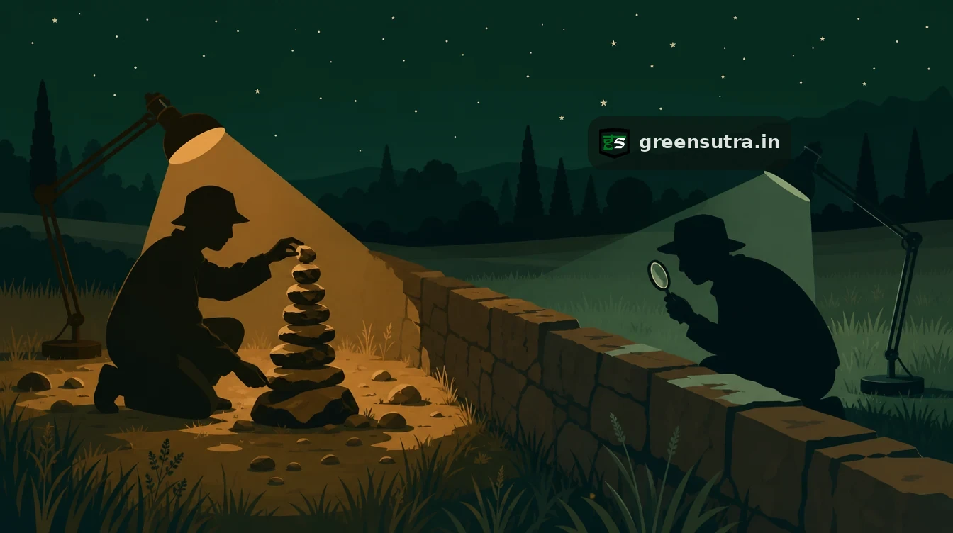 Flat editorial night illustration on cbam consultant vs verifier: A low hairline wall divides a dark green field.