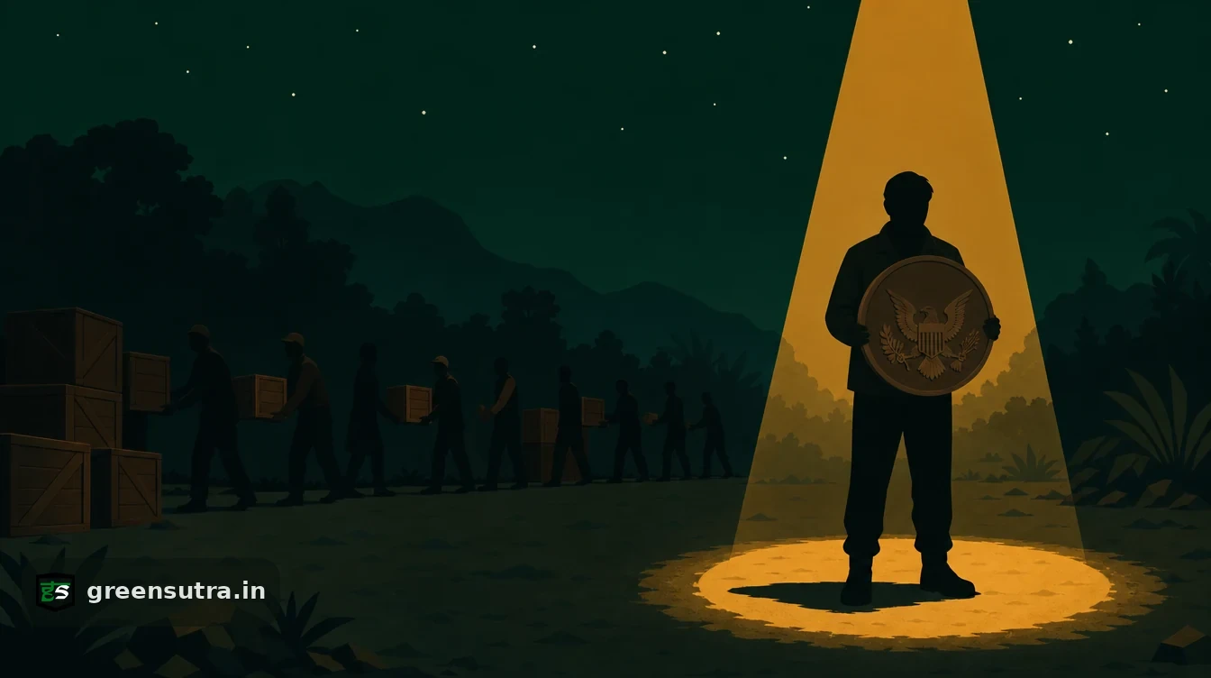 Flat editorial night illustration on cbam liability supplier data: One faceless figure stands alone under a single hard amber spotlight holding a heavy seal in both hands.