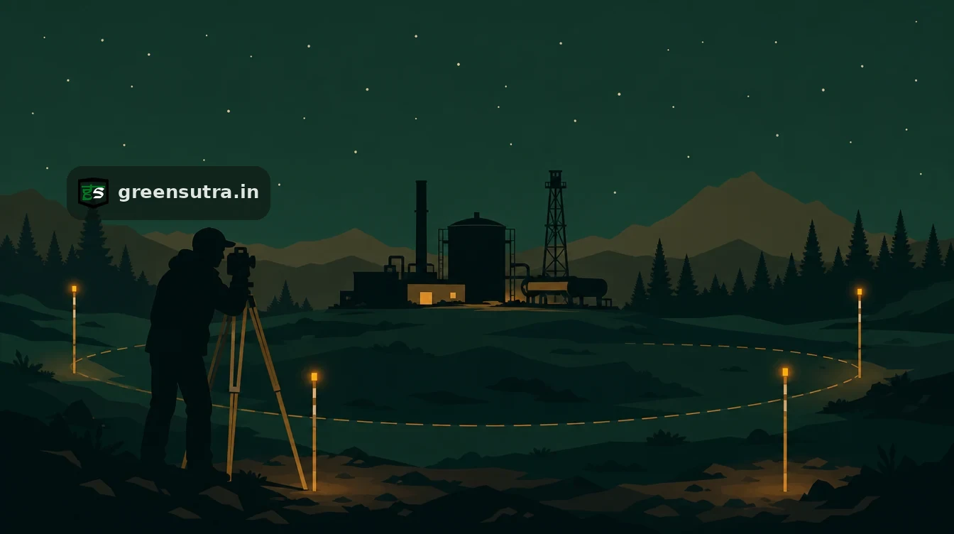 Flat editorial night illustration on cbam readiness assessment: Four slim survey stakes planted in a wide arc around the silhouette of a small industrial installation.