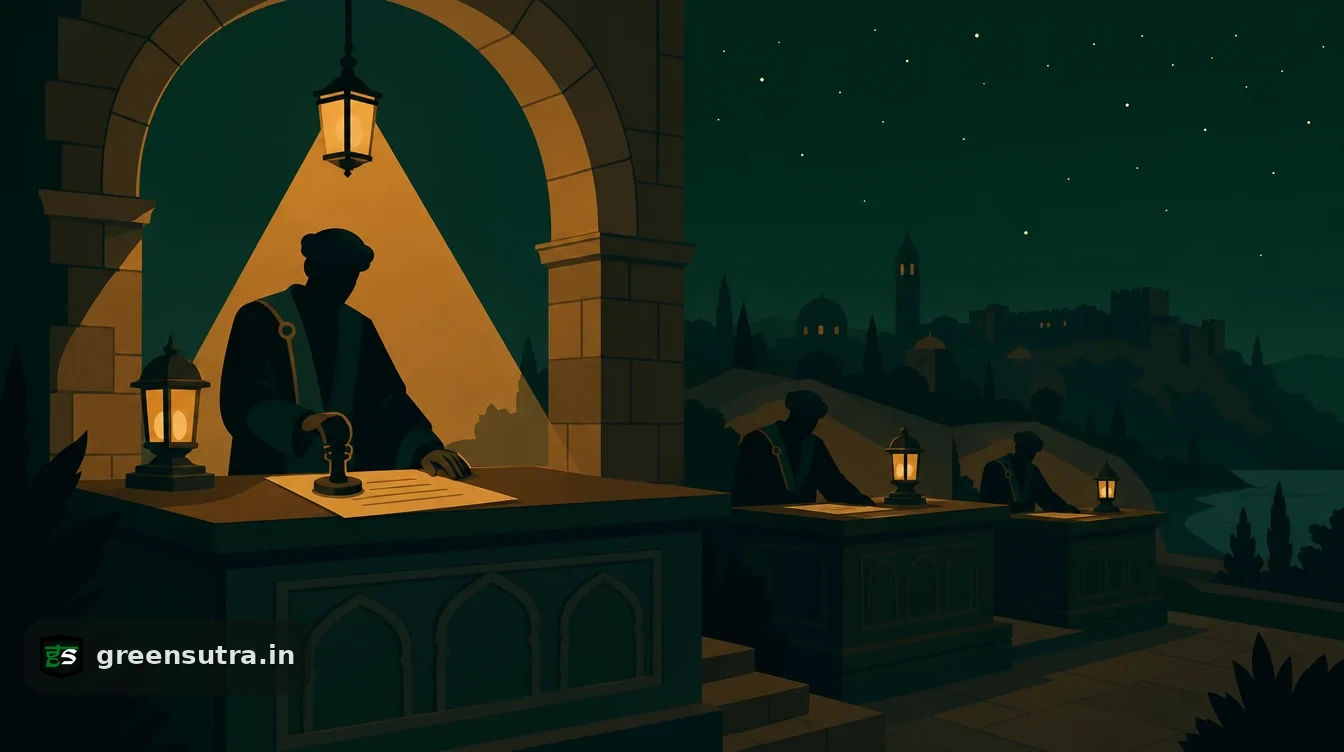 Flat editorial night illustration on cbam verifier accreditation: Under a tall stone arch at night, a faceless official presses a heavy round seal onto a document at a raised.