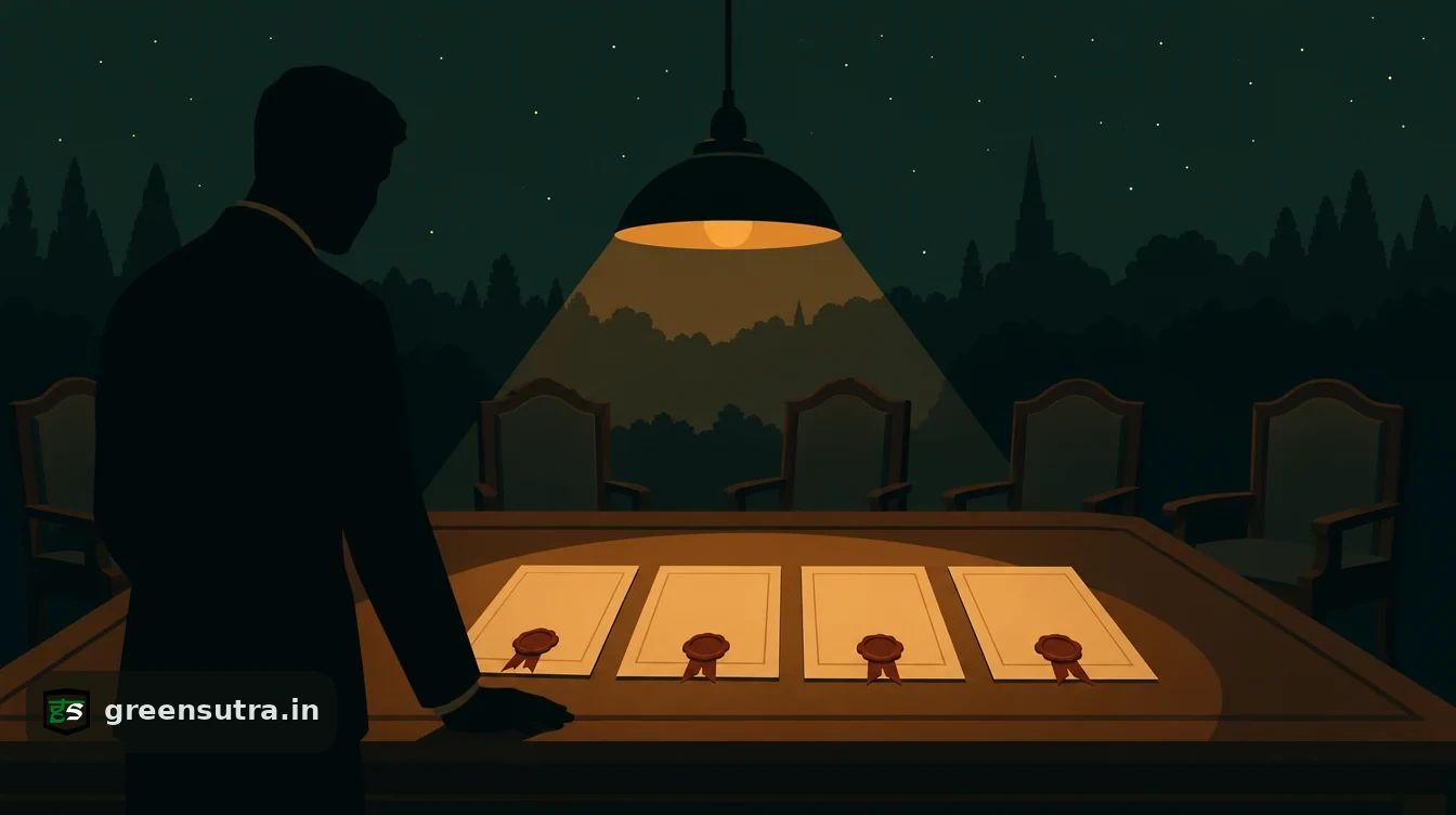 Flat editorial night illustration on sustainability assurance provider: A faceless figure in dark silhouette stands at a wide lamplit desk examining four sealed wax-stamped.