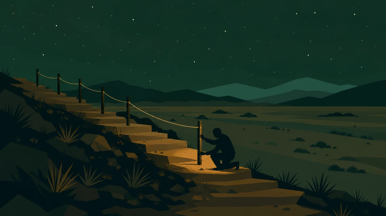 Flat editorial night illustration: A wide plain where a stepped path descends in stages from a high ridge toward the horizon.