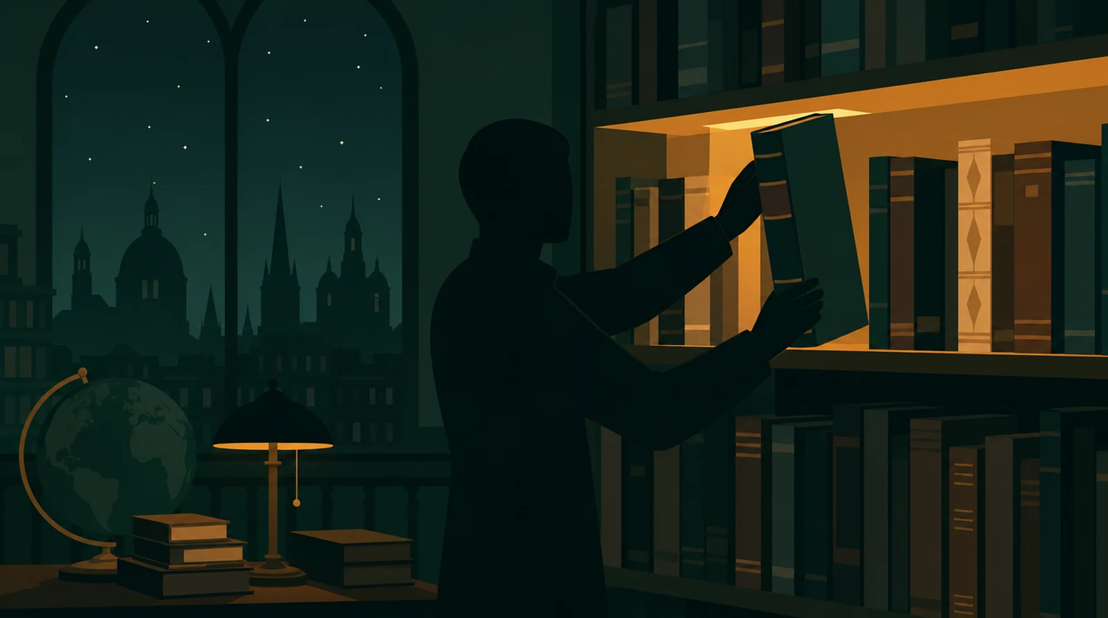 Flat editorial night illustration: A faceless figure places one national ledger volume onto a shelf beside several differently bound international ones, amber shelf light, deep green library in silhouette.