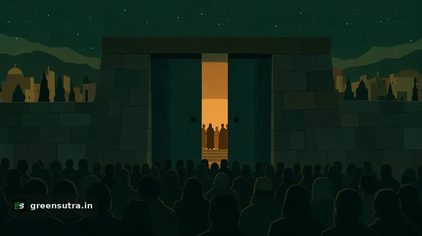 Flat editorial night illustration on csrd scope after omnibus: A wide stone gateway narrowed to a slot by two sliding panels.