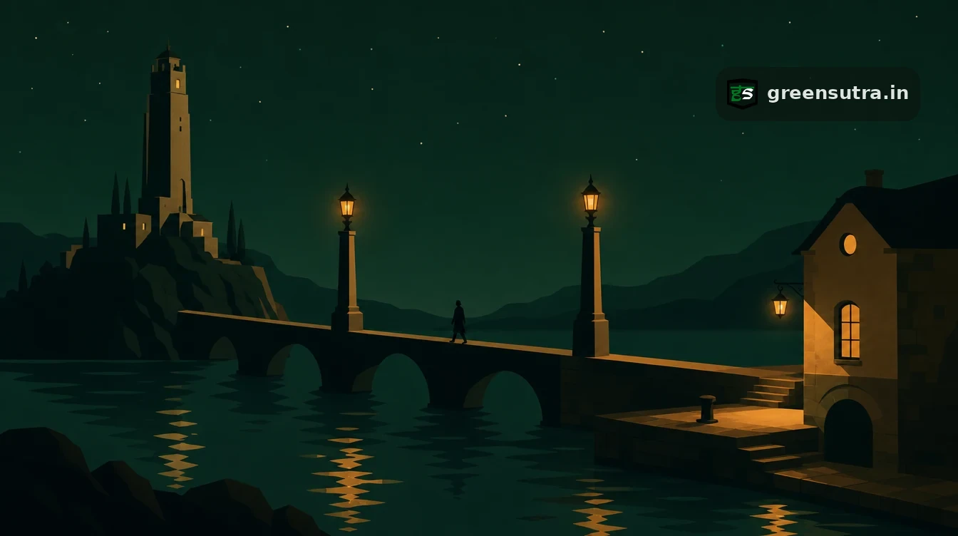 Flat editorial night illustration on csrd third country undertaking: A distant mainland tower connected by a long bridge to a smaller quayside building at night.