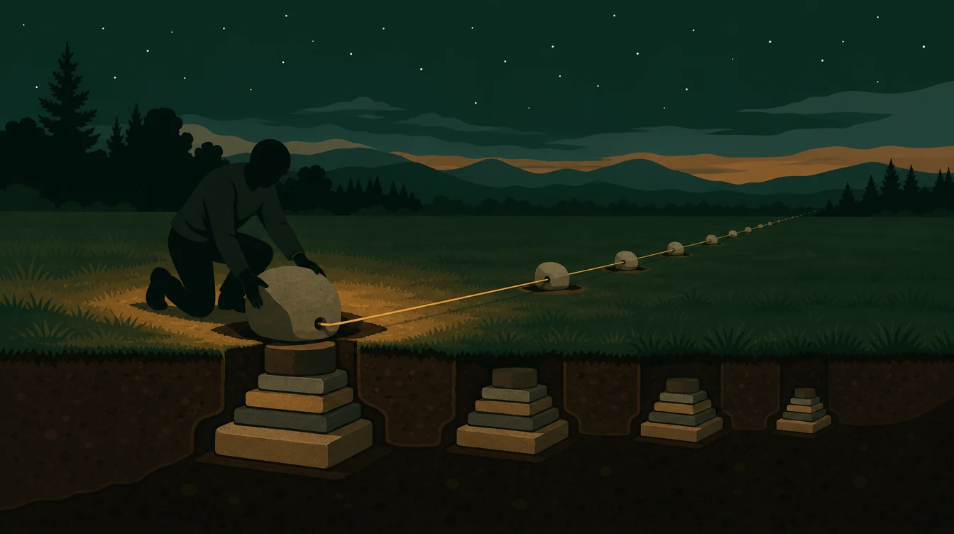 Flat editorial night illustration: A faceless figure kneels at the near edge of a wide open field, seating a plain uncarved anchor stone into a socket cut in the ground.