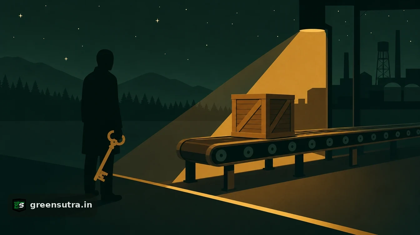 Flat editorial night illustration on delegate cbam reporting: A conveyor carries a crate across a bright boundary line drawn on a dark floor.