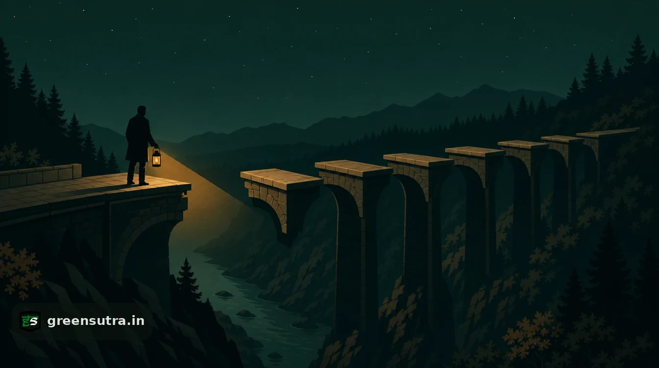 Flat editorial night illustration on cbam declaration errors: A raised bridge deck crossing a dark ravine at night has five missing sections.