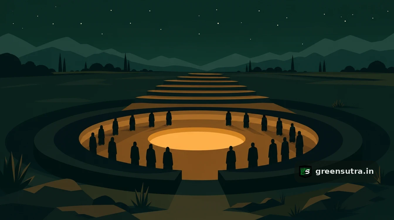 Flat editorial night illustration on esg assurance india scope: A wide dark disc set into a night plain, with a smaller inner core disc glowing amber at its centre.