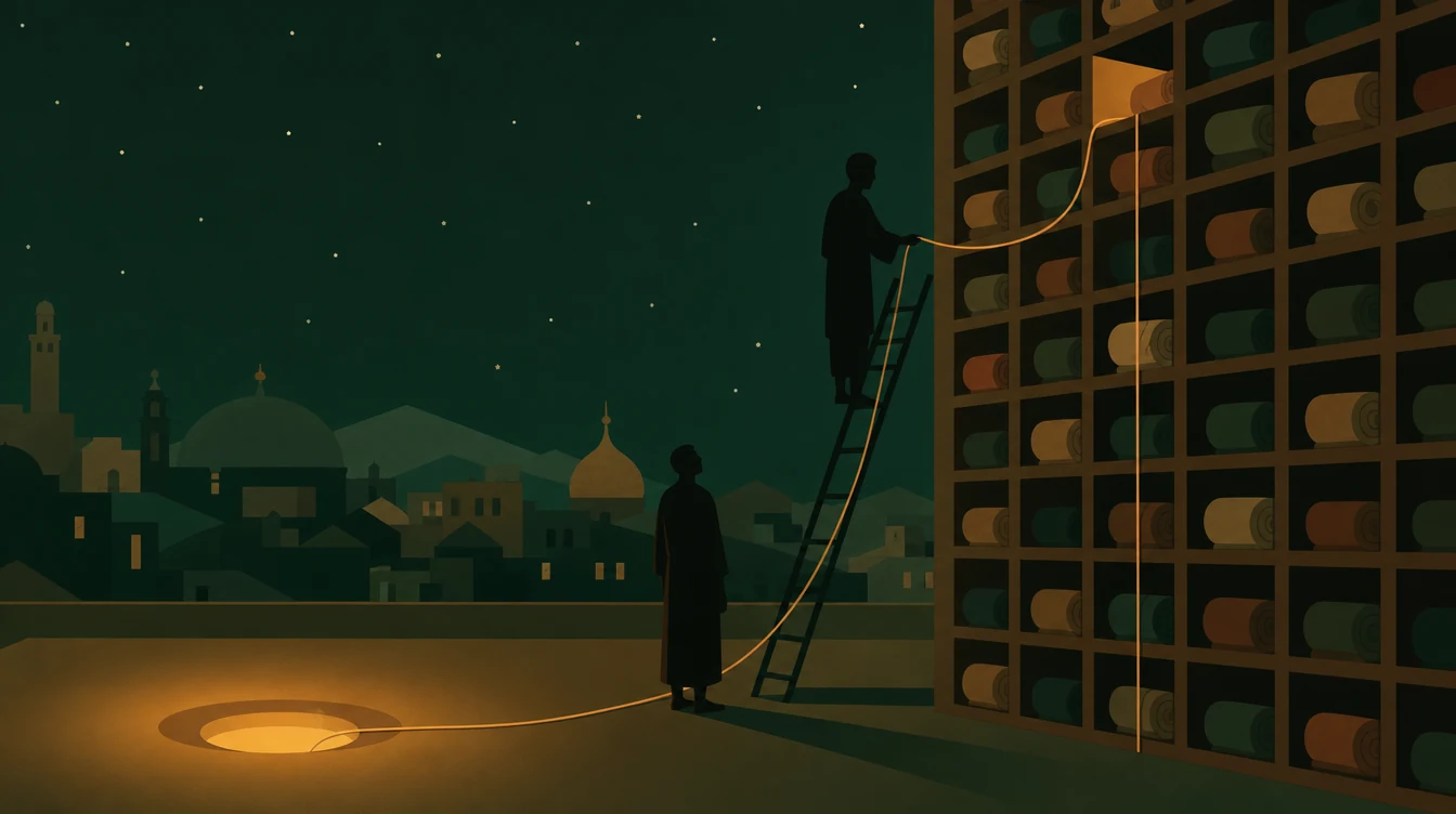 Flat editorial night illustration: A faceless figure stands at the foot of a tall lattice wall of open compartments holding rolled bundles.