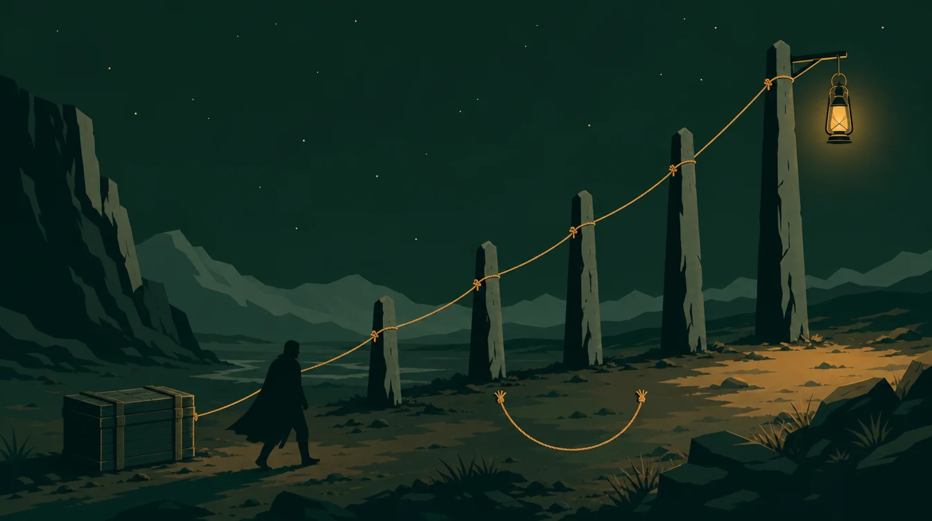 Flat editorial night illustration: A faceless figure crosses a wide night valley beside one continuous cord that runs from a heavy sealed crate, up through five standing stone posts of rising height.