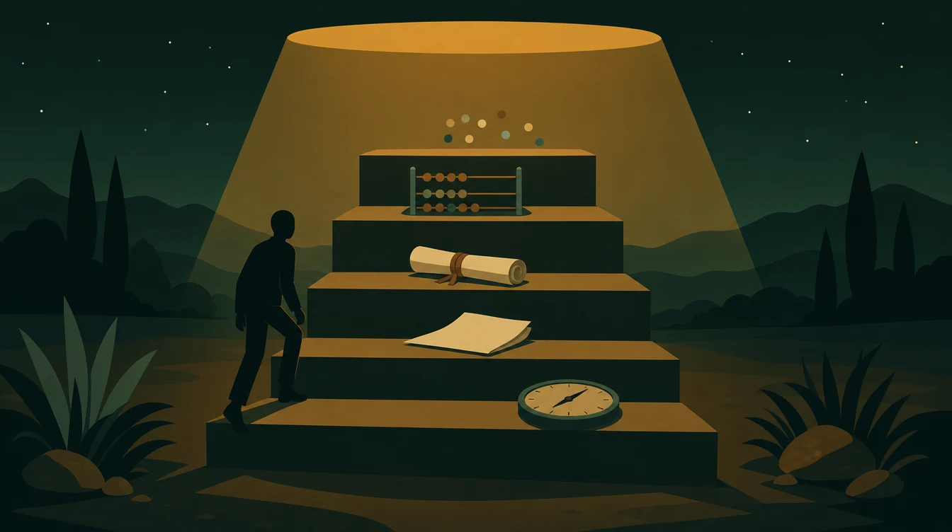 Flat editorial night illustration: A faceless figure climbs a wide stepped platform of five rising tiers cut into a dark open plain.