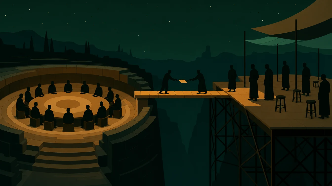 Flat editorial night illustration: A night hall. At left a circular table sunk into a stepped stone recess, a fixed ring of faceless seated figures, concentric rings carved in the floor beneath.