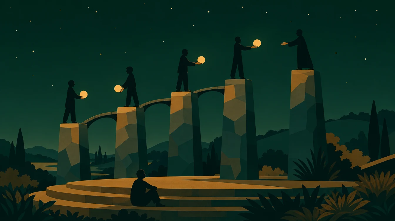 Flat editorial night illustration: Five stone plinths of stepped heights curve across a night field, a faceless figure standing on each.