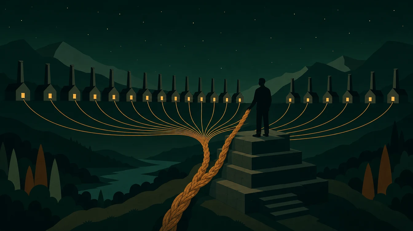 Flat editorial night illustration: A wide night valley: a long row of identical small factory forms with tapered chimneys stands evenly along a low ridge, one lit window in each.