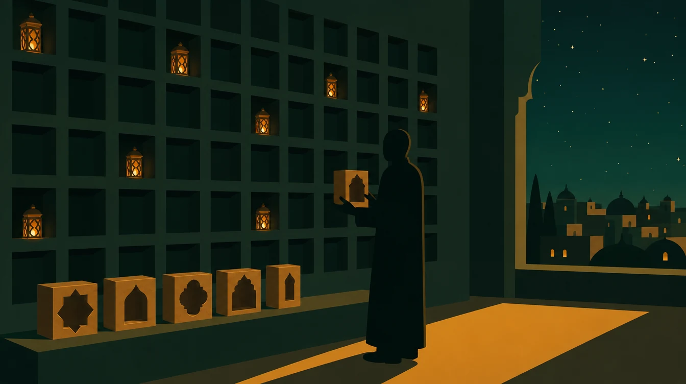 Flat editorial night illustration: A faceless figure stands before a tall wall of shallow square niches, most of them empty and dark while a scattered few hold a small lit lantern.
