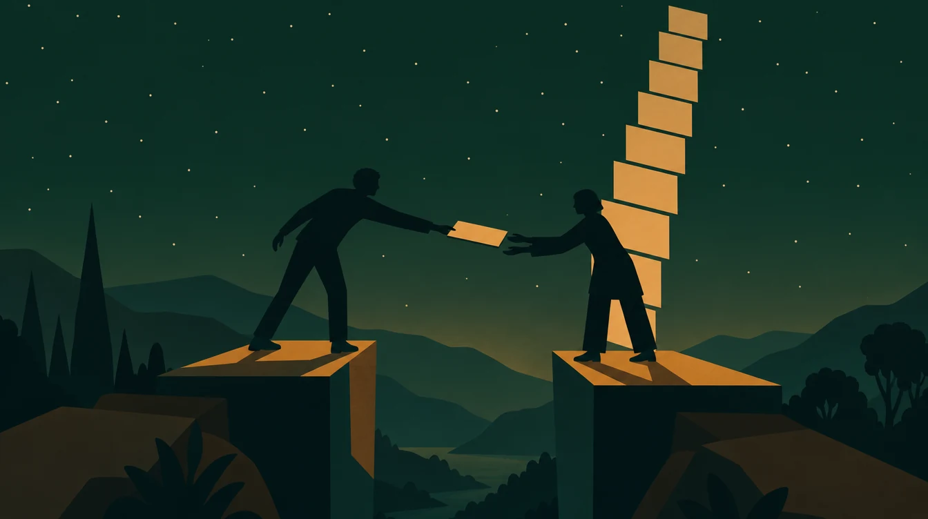 Flat editorial night illustration: Two faceless figures stand on separate raised platforms separated by a narrow gap of night.