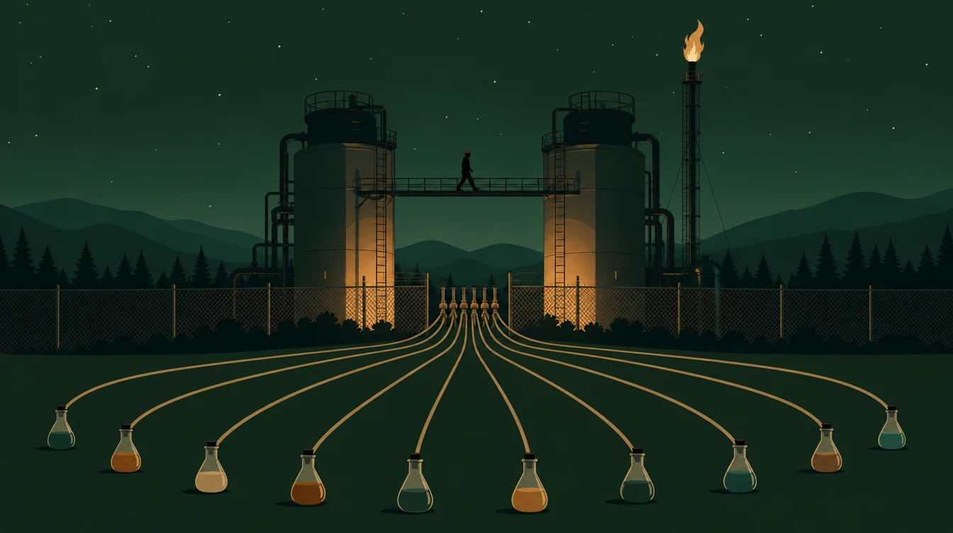 Flat editorial night illustration: A faceless figure in a hard hat crosses a narrow raised catwalk strung between two tall cylindrical reactor vessels.
