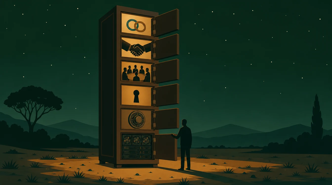 Flat editorial night illustration: A lone tall cabinet stands on an open plain, six doors swung wide on hinges. The lowest door shows stacked hardware and cooling fans.