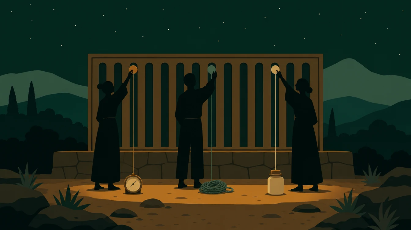Flat editorial night illustration: A wide horizontal rack of narrow vertical slots stands on a low stone platform. Three faceless figures reach up to set small round tokens into the slots.