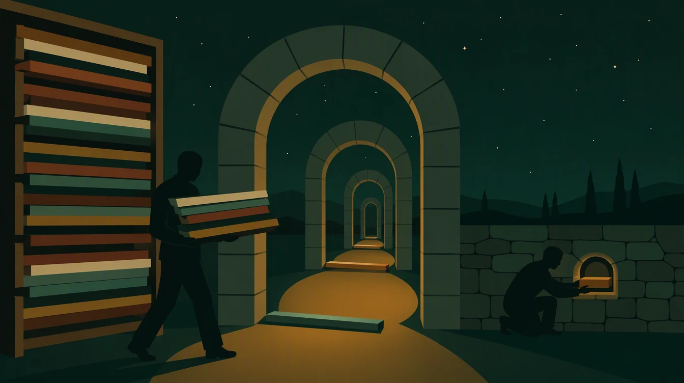 Flat editorial night illustration: A tall wall rack packed with horizontal slats stands at the left.