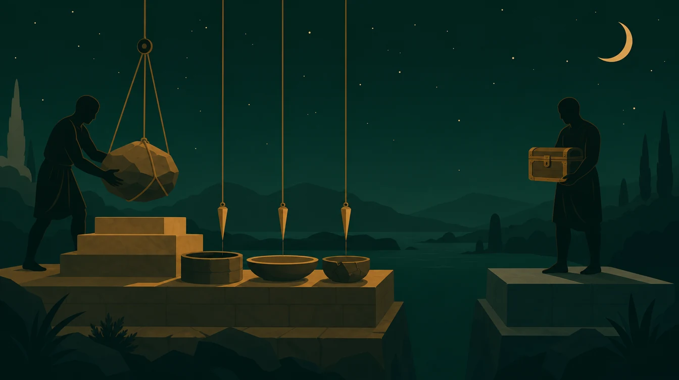 Flat editorial night illustration: A faceless figure lowers a single boulder onto a stone plinth beneath three hanging plumb lines, each ending above a different vessel: a narrow deep well.