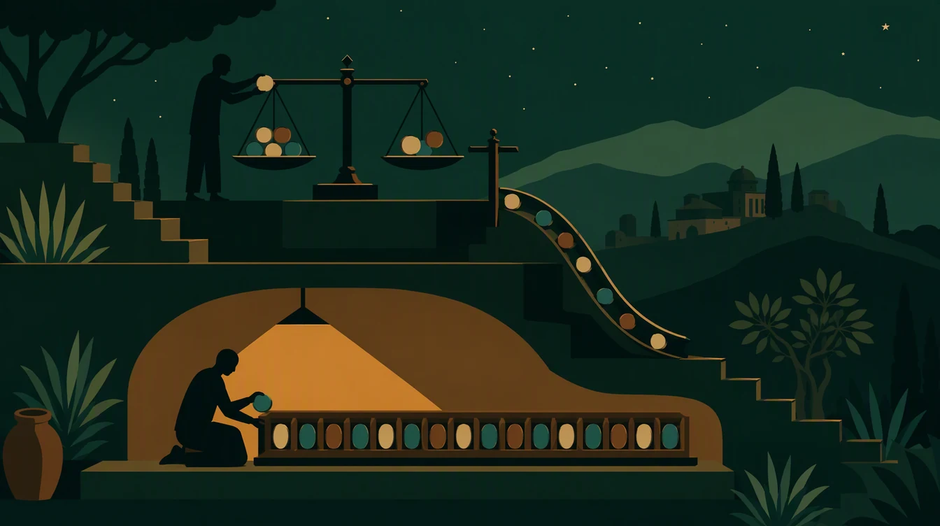 Flat editorial night illustration: A stepped hillside terrace. On the upper level a faceless figure sets round tokens onto a wide two pan balance.
