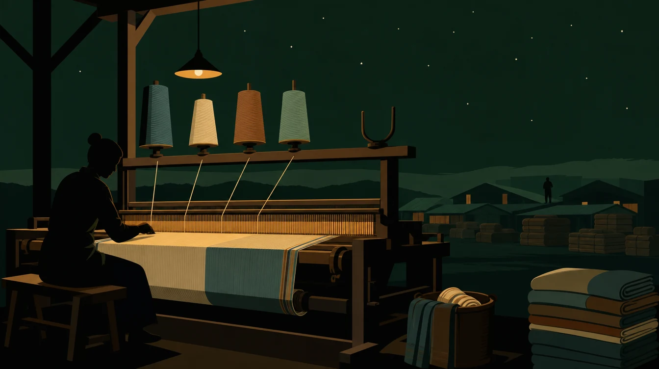 Flat editorial night illustration: A wide floor loom seen side on, four heavy thread cones of unequal size feeding taut lines down into one stretched cloth.