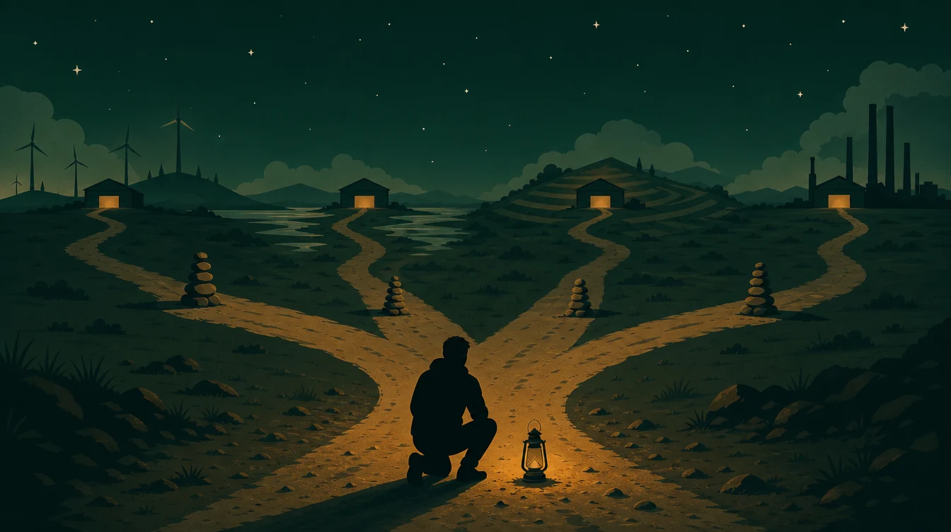 Flat editorial night illustration: A faceless figure kneels at the mouth of a wide plain where one worn track divides into four branching routes. A small stack of balanced stones marks each fork.
