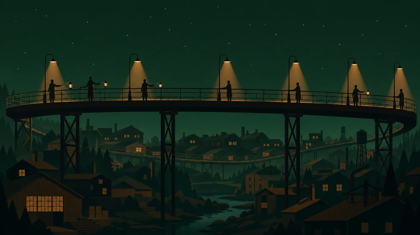Flat editorial night illustration: A closed elevated walkway loops in a wide ring above a valley floor, six lamp posts spaced along it, each casting a pool of light downward.