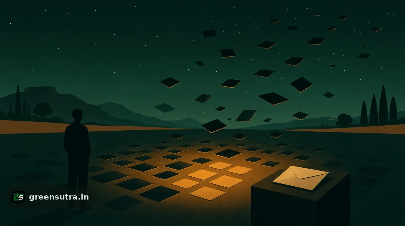 Flat editorial night illustration on revised esrs datapoints: A dense grid of small dark tiles laid across a night plain.