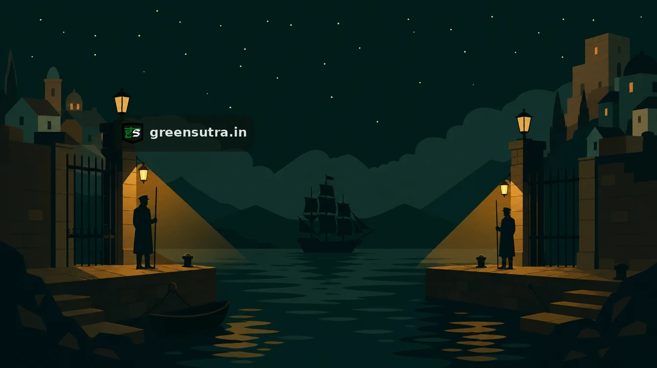 Flat editorial night illustration on eu cbam vs uk cbam: Two separate harbours face each other across a dark channel at night, each with its own gate.