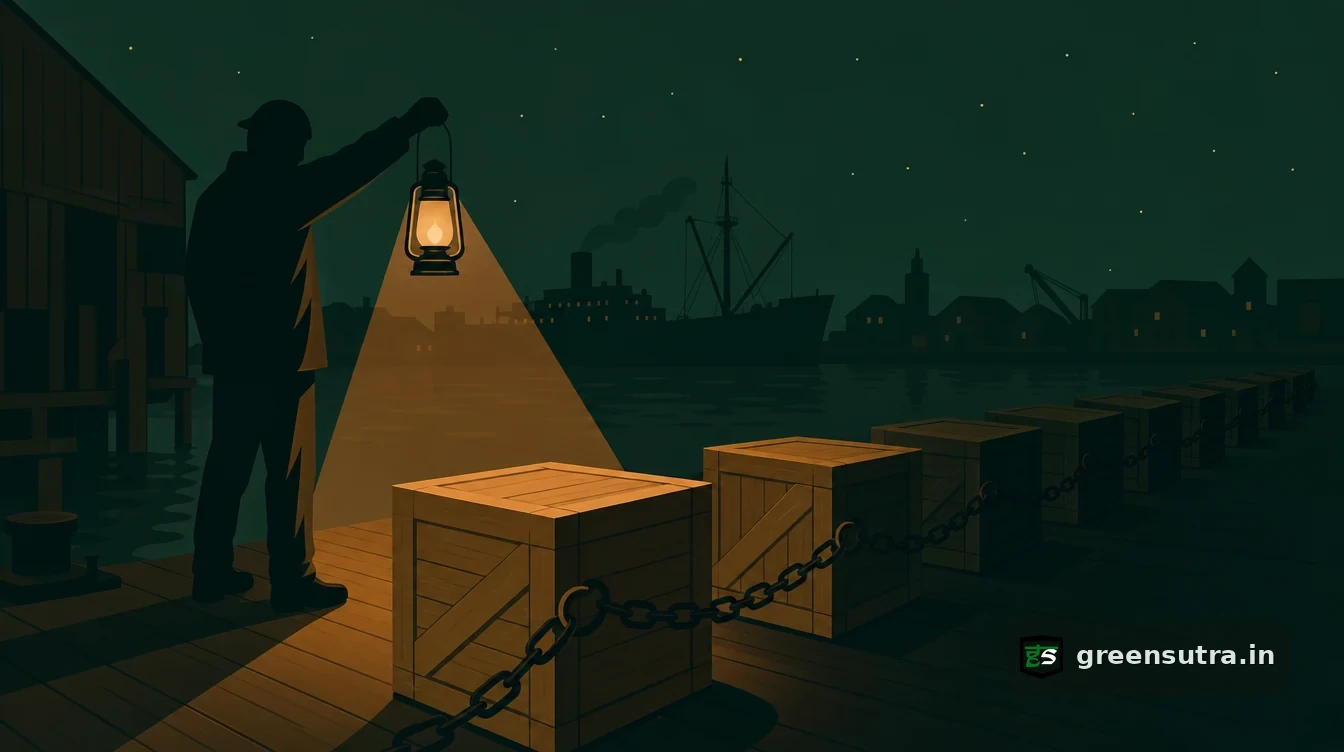 Flat editorial night illustration on supplier emissions evidence: A faceless figure raises a lantern over a chain of linked crates on a night loading dock.