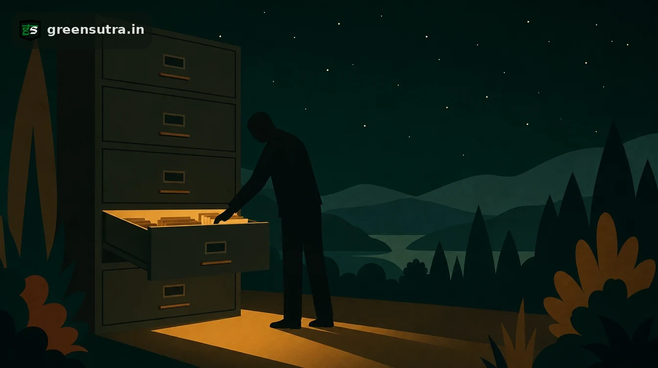Flat editorial night illustration on ghg inventory documentation: A tall archive wall of five deep drawers at night.