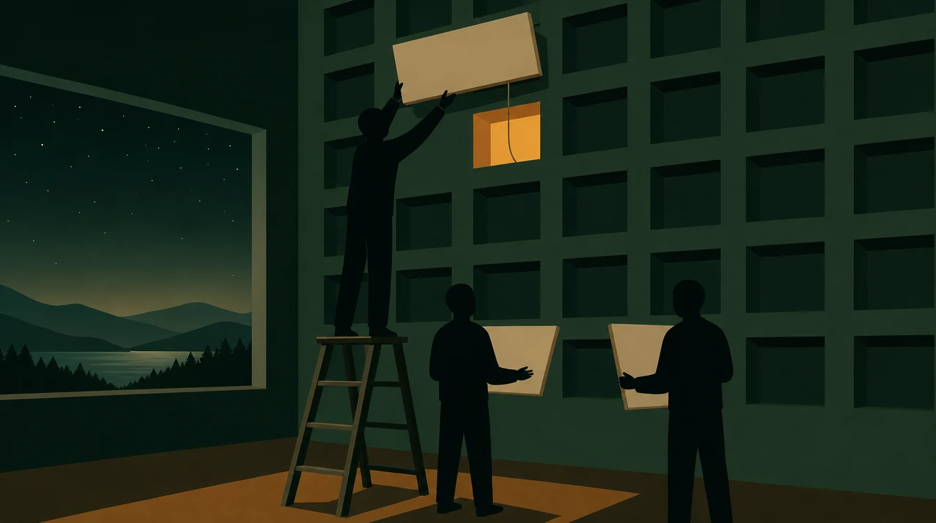 Flat editorial night illustration: A wide night interior where one wall is a tall grid of small open recesses.