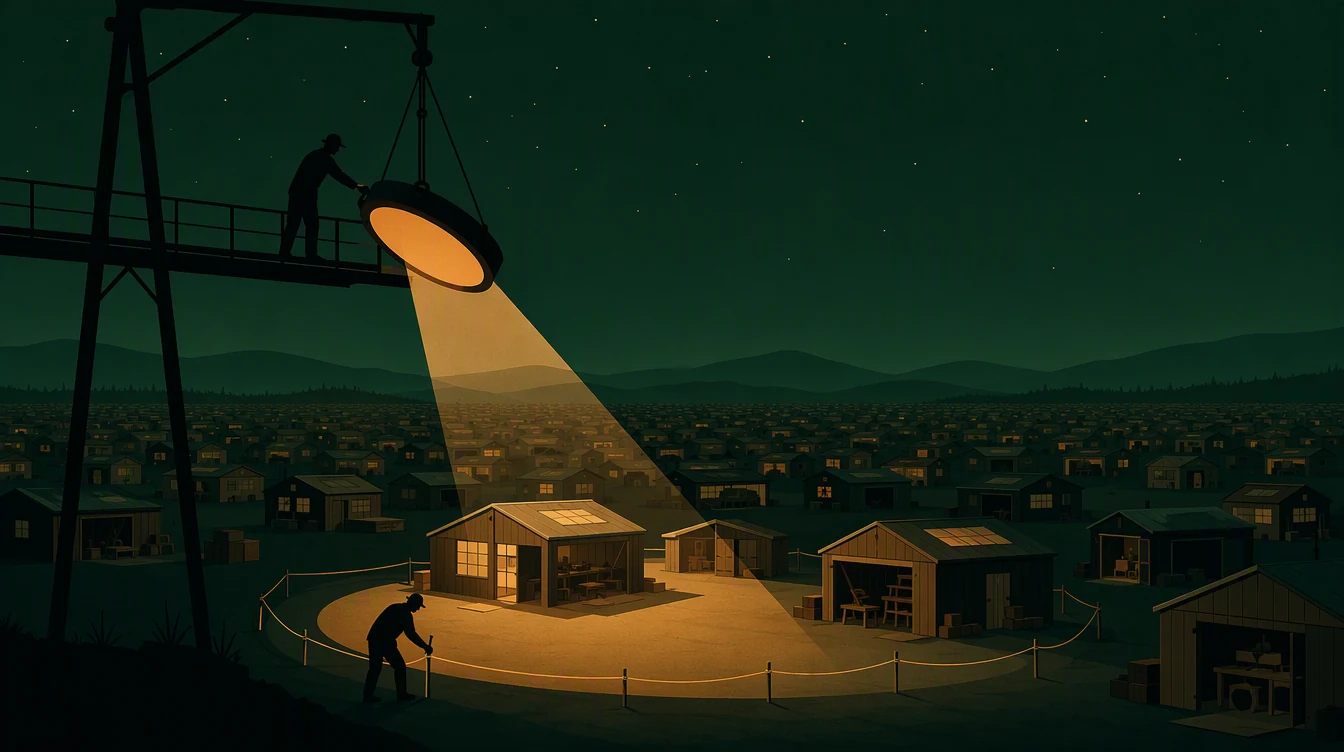 Flat editorial night illustration: A faceless figure stands on a raised walkway above a wide plain crowded with hundreds of small identical workshop and shed silhouettes receding to a layered.