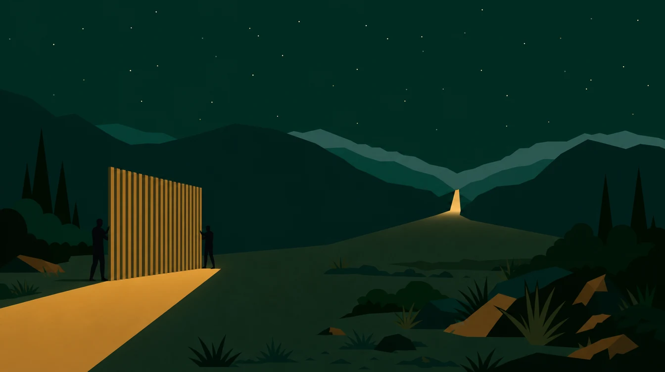 Flat editorial night illustration: A wide shaft of light crosses a valley floor and strikes a tall standing screen of upright slats, steadied on each side by a faceless figure.