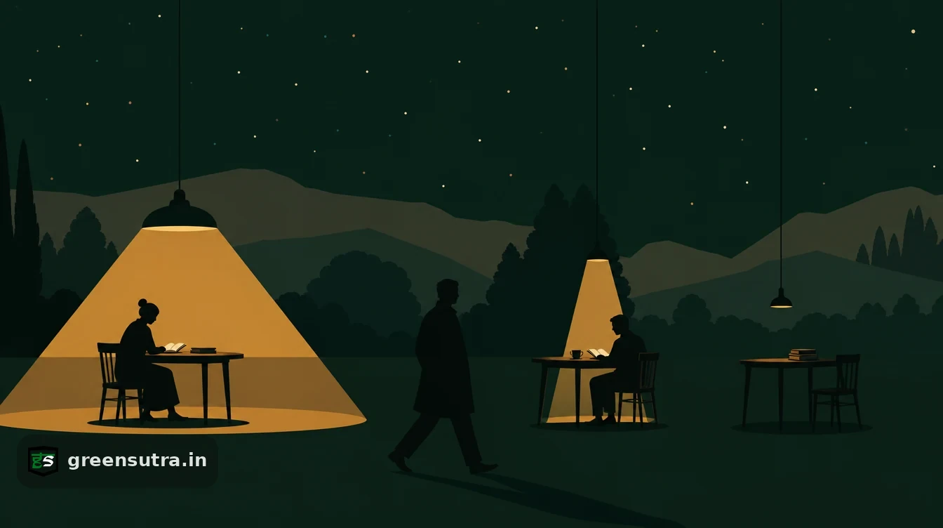 Flat editorial night illustration on limited vs reasonable assurance: Three separate reading tables stand apart on a dark green plain.