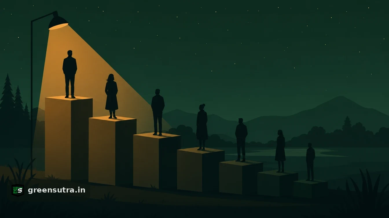 Flat editorial night illustration on msci esg rating grades: A seven-step podium of descending heights on a dark plain.