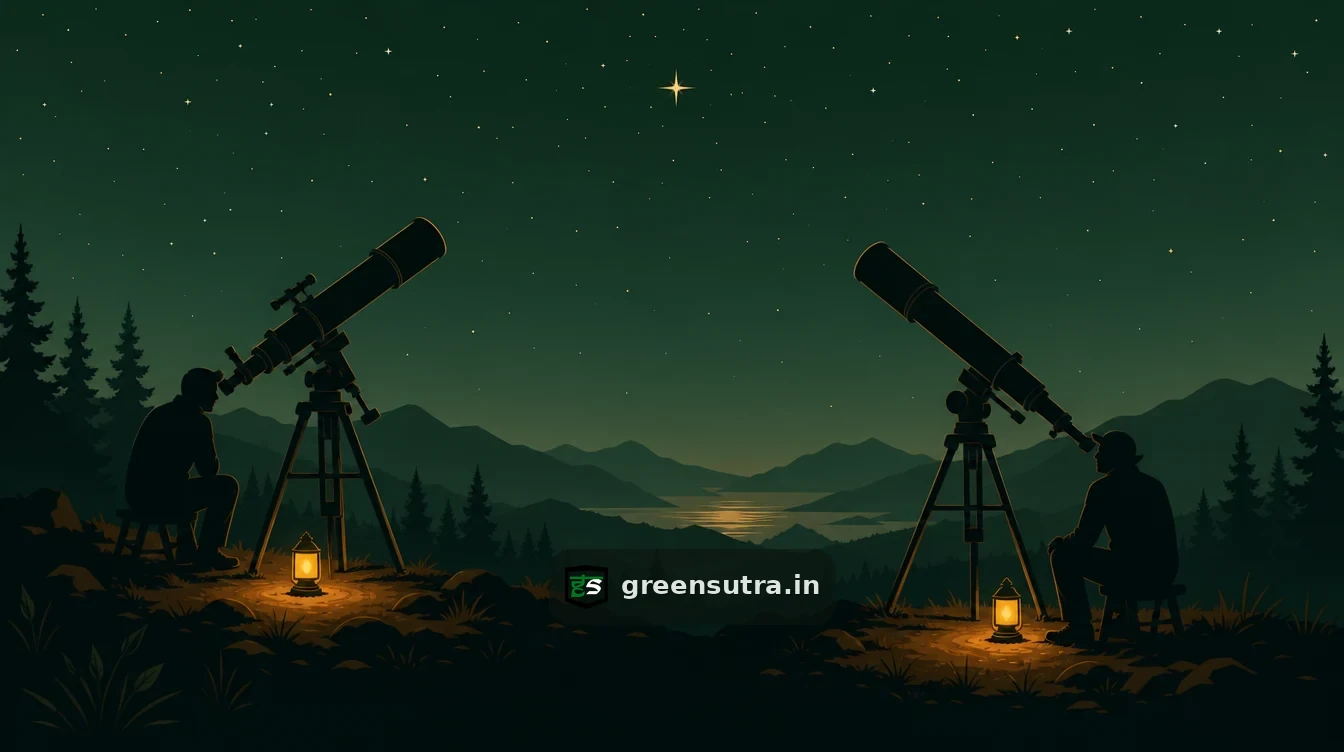 Flat editorial night illustration on esg rating divergence: Two observatory telescopes stand on the same dark hillside pointed at the same distant star from different.