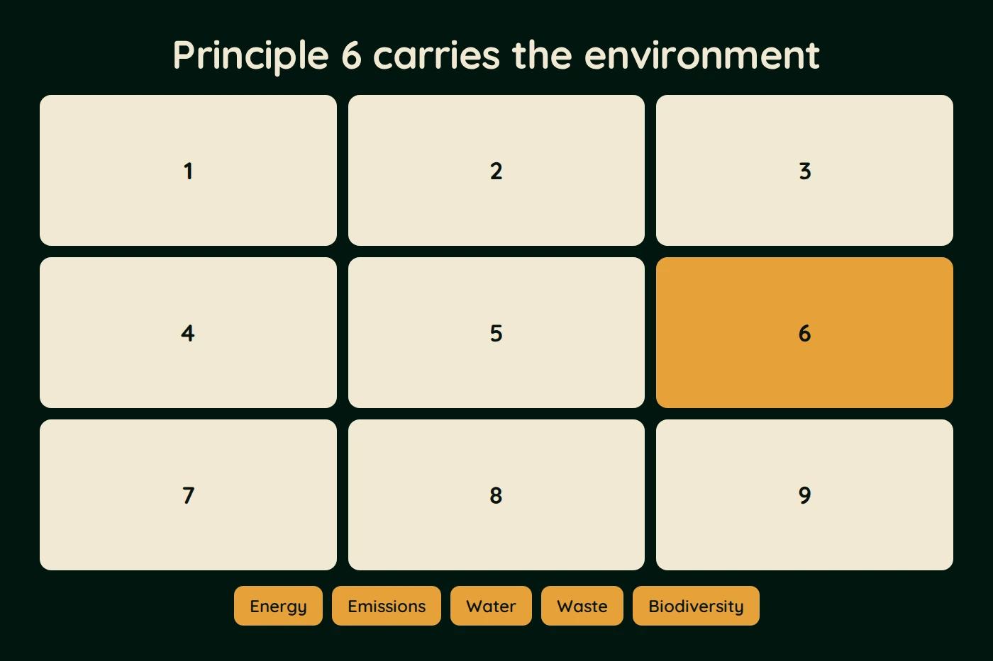 Diagram, Principle 6 carries the environment. nine numbered principle tiles, tile 6 highlighted. Energy, Emissions, Water, Waste, Biodiversity